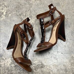 * L.A.M.B. Brown Leather Wedge Sandals with Strappy Design